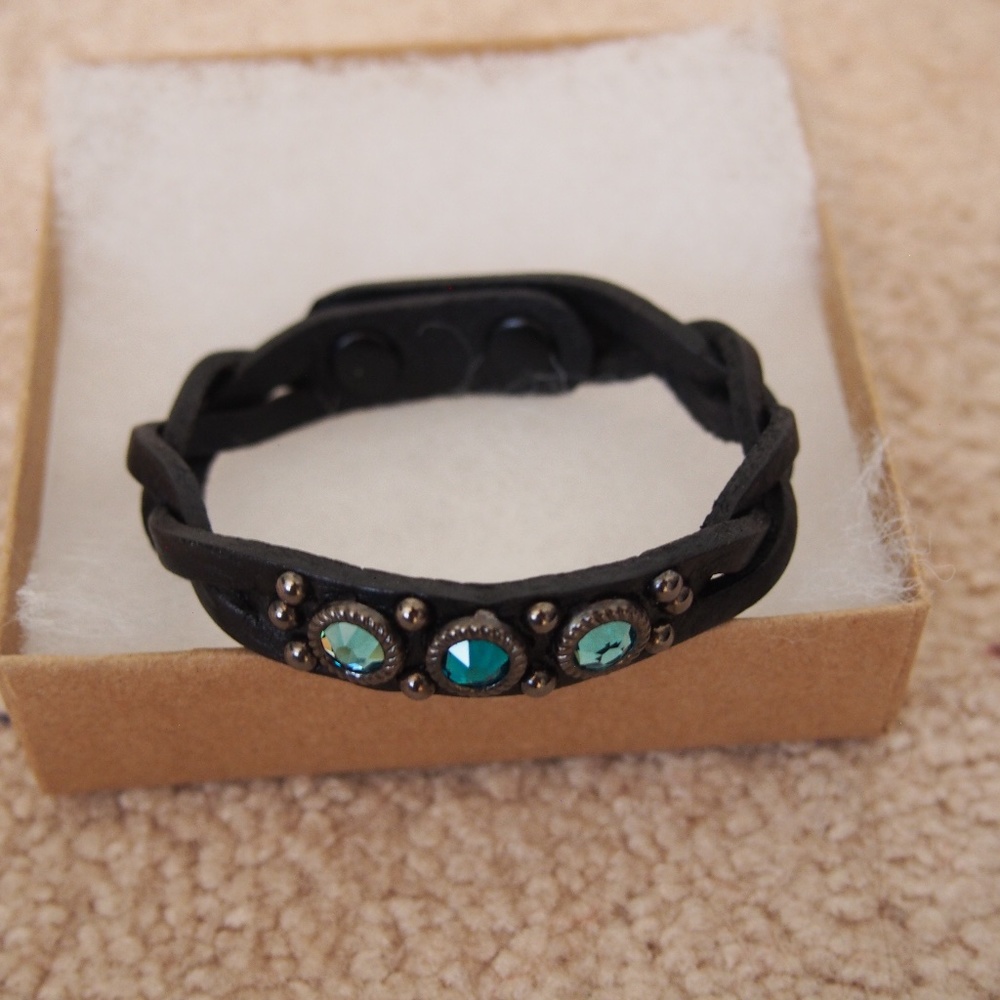 Black Leather Bracelet with Blue Jewels